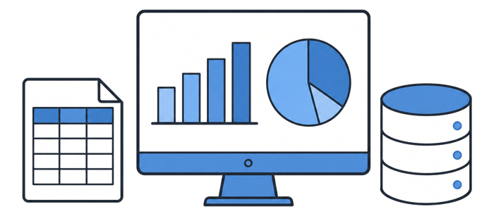 Illustration representing data cleanup and reporting with spreadsheet, dashboard, and database icons