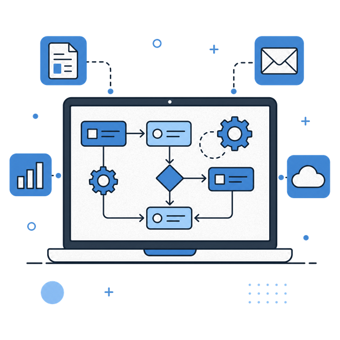 Illustration representing workflow automation with a laptop and connected process icons